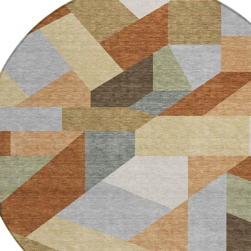 8' Orange And Silver Round Geometric Washable Indoor Outdoor Area Rug Photo 2