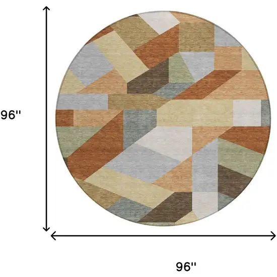 8' Orange And Silver Round Geometric Washable Indoor Outdoor Area Rug Photo 6