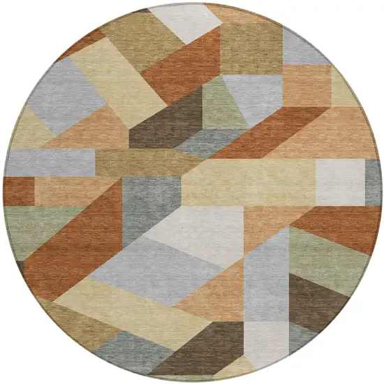 8' Orange And Silver Round Geometric Washable Indoor Outdoor Area Rug Photo 1
