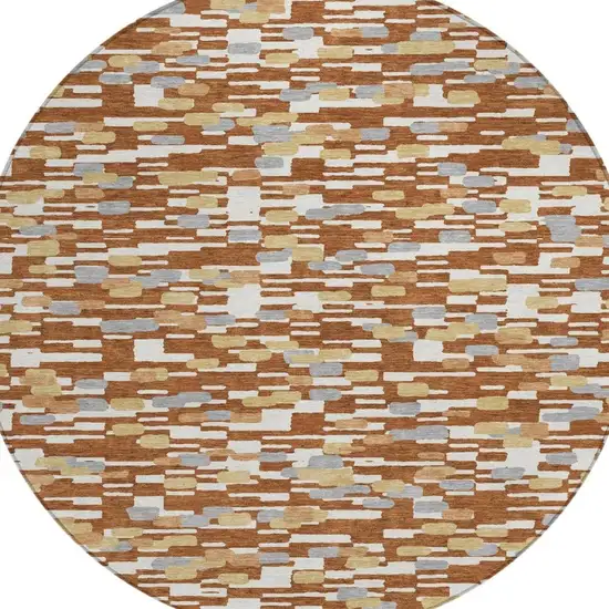 8' Orange And Silver Round Geometric Washable Indoor Outdoor Area Rug Photo 2