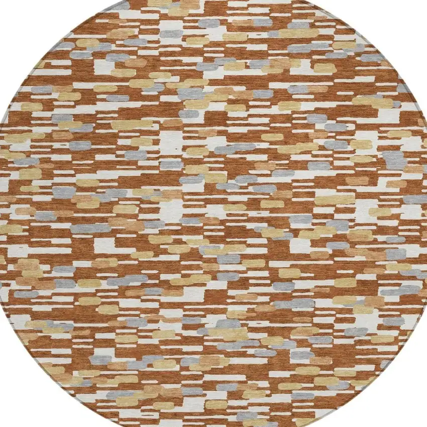 8' Orange And Silver Round Geometric Washable Indoor Outdoor Area Rug Photo 2