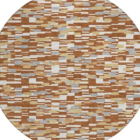 8' Orange And Silver Round Geometric Washable Indoor Outdoor Area Rug Photo 3
