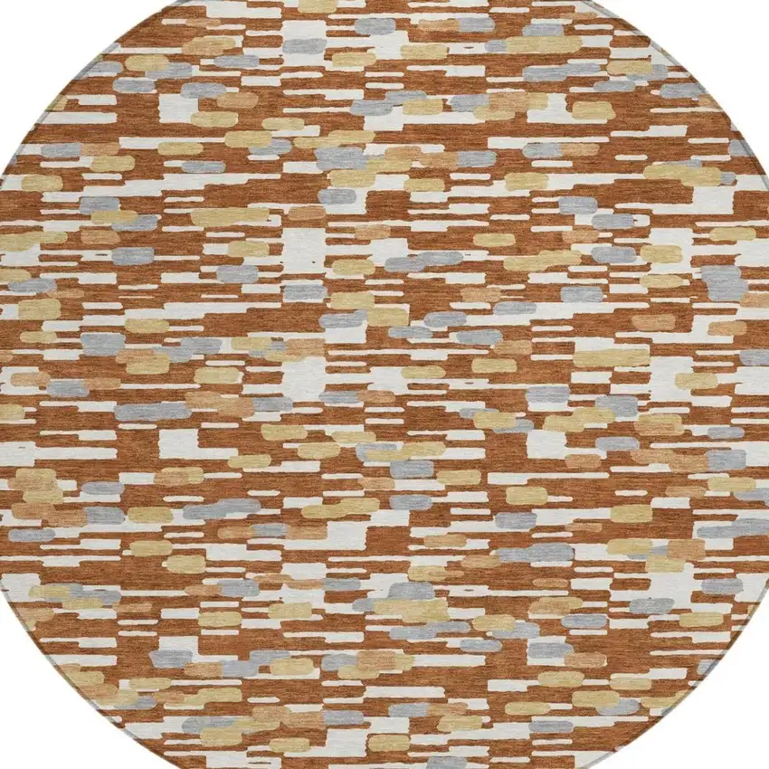 8' Orange And Silver Round Geometric Washable Indoor Outdoor Area Rug Photo 3