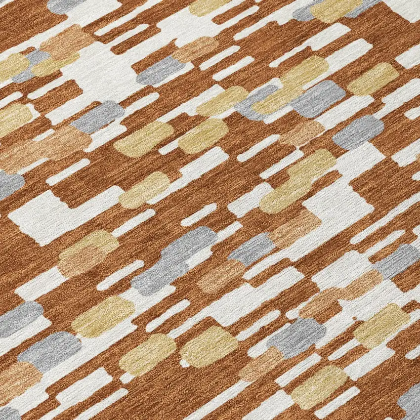 8' Orange And Silver Round Geometric Washable Indoor Outdoor Area Rug Photo 5