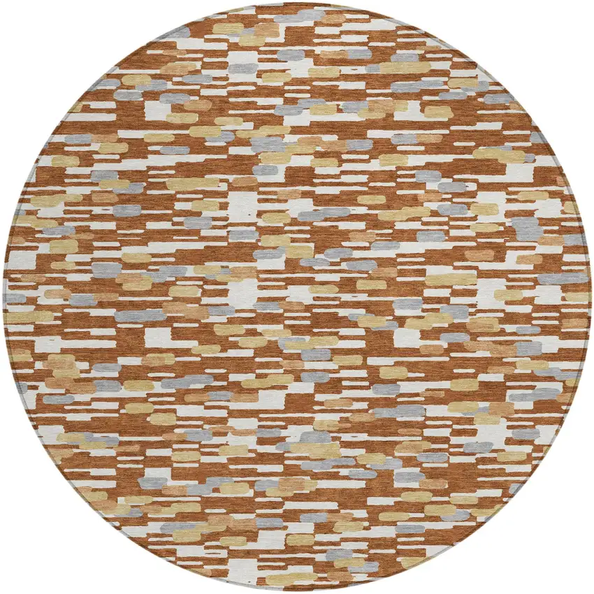 8' Orange And Silver Round Geometric Washable Indoor Outdoor Area Rug Photo 1
