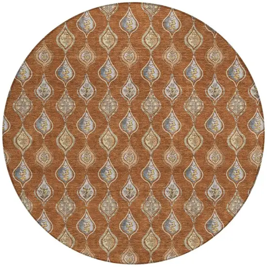 8' Orange And Taupe Round Floral Washable Indoor Outdoor Area Rug Photo 3