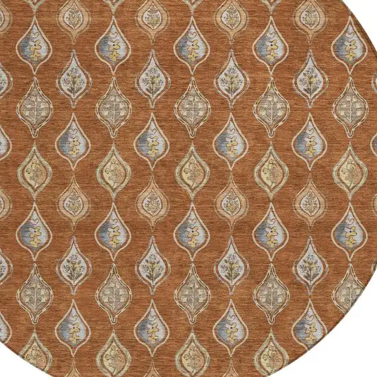 8' Orange And Taupe Round Floral Washable Indoor Outdoor Area Rug Photo 2