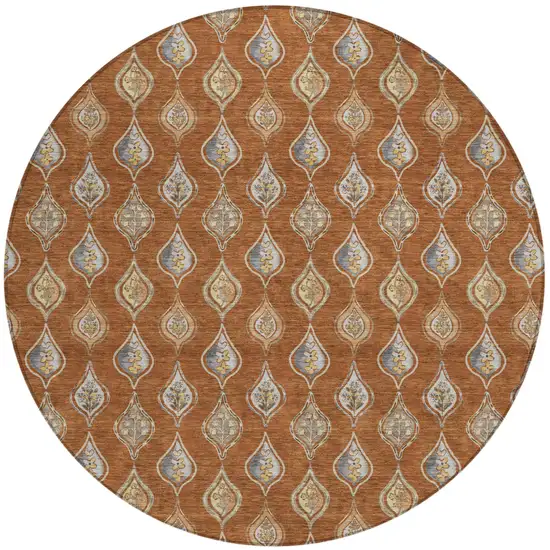 8' Orange And Taupe Round Floral Washable Indoor Outdoor Area Rug Photo 1