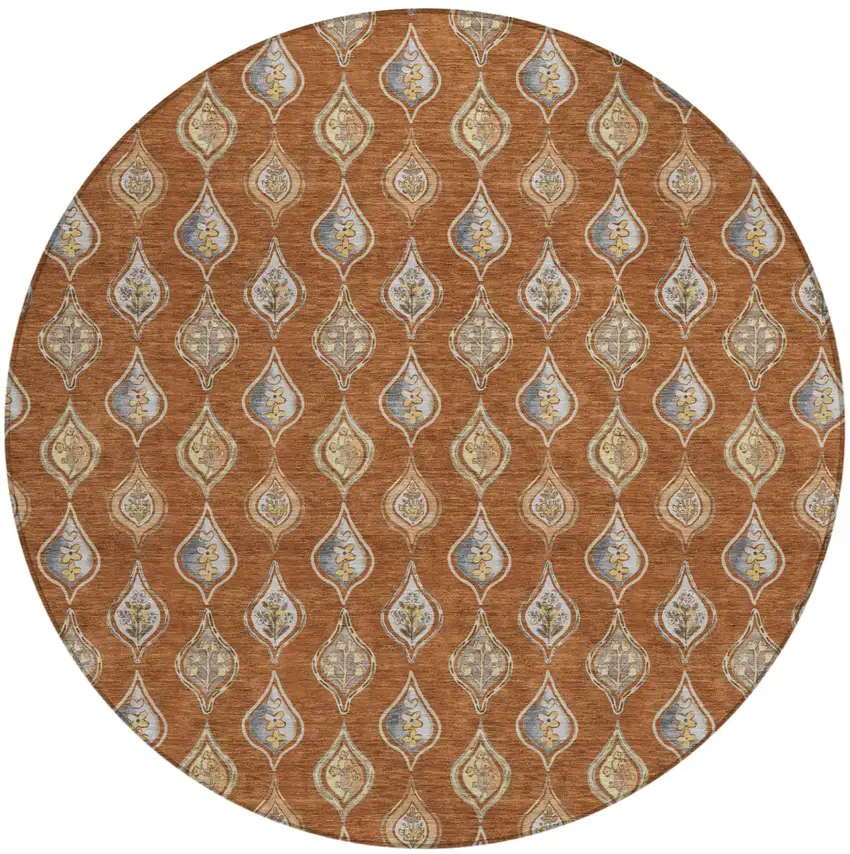 8' Orange And Taupe Round Floral Washable Indoor Outdoor Area Rug Photo 1
