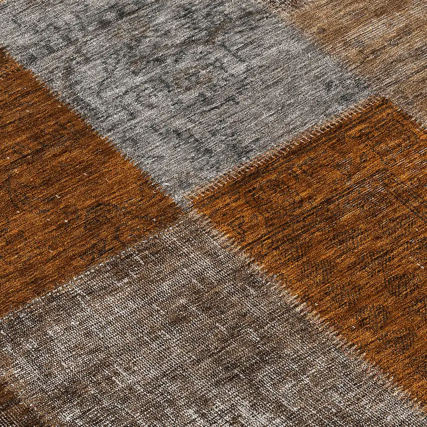 8' Orange And Taupe Round Patchwork Washable Indoor Outdoor Area Rug Photo 9