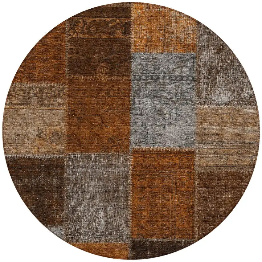 8' Orange And Taupe Round Patchwork Washable Indoor Outdoor Area Rug Photo 6