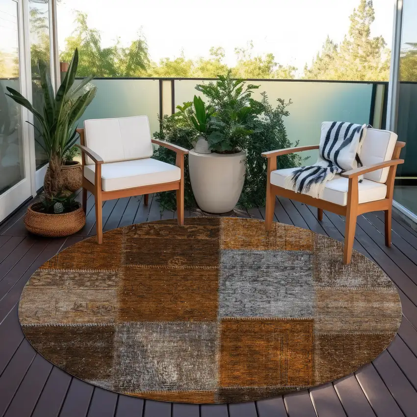 8' Orange And Taupe Round Patchwork Washable Indoor Outdoor Area Rug Photo 7