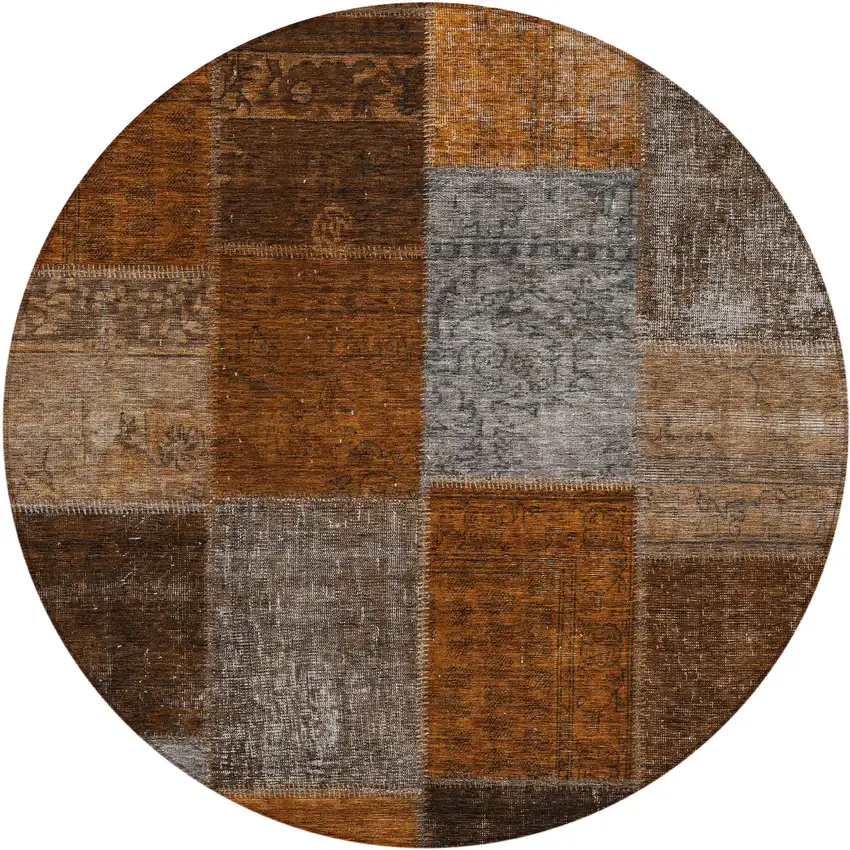 8' Orange And Taupe Round Patchwork Washable Indoor Outdoor Area Rug Photo 2