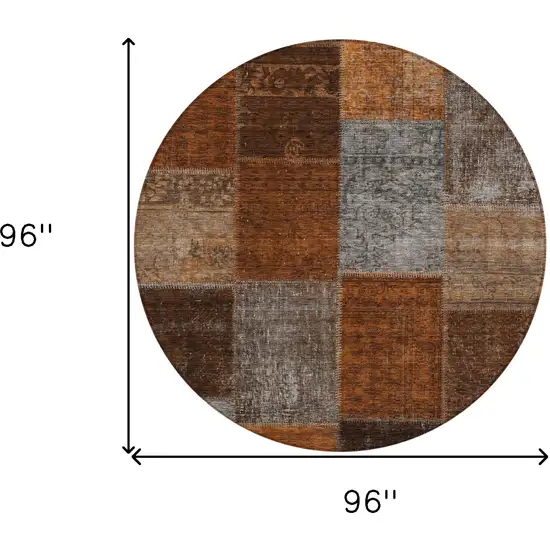 8' Orange And Taupe Round Patchwork Washable Indoor Outdoor Area Rug Photo 3