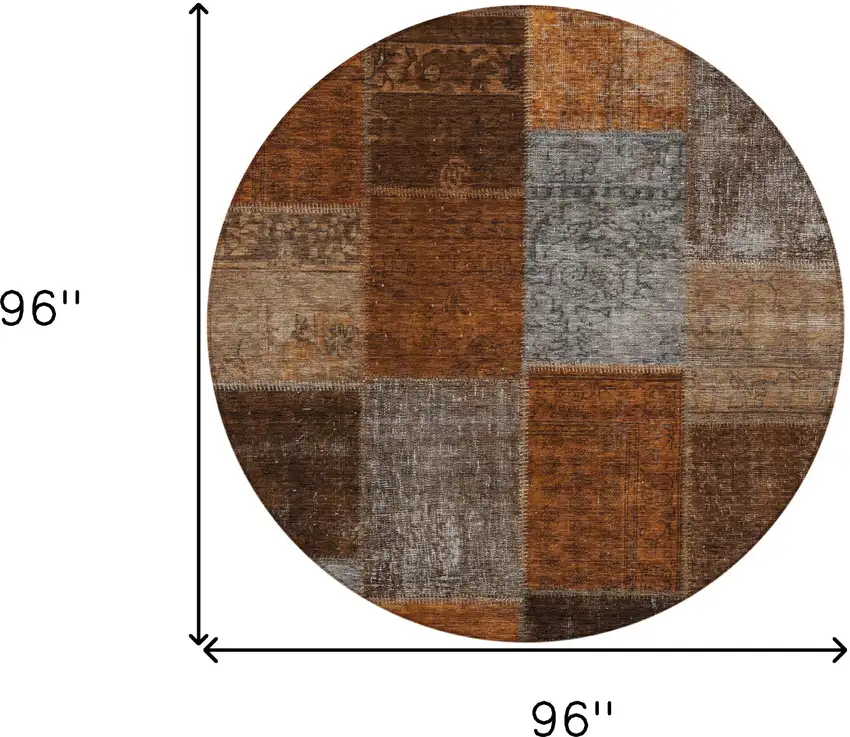 8' Orange And Taupe Round Patchwork Washable Indoor Outdoor Area Rug Photo 3