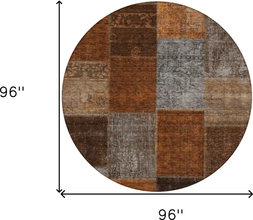 8' Orange And Taupe Round Patchwork Washable Indoor Outdoor Area Rug Photo 3