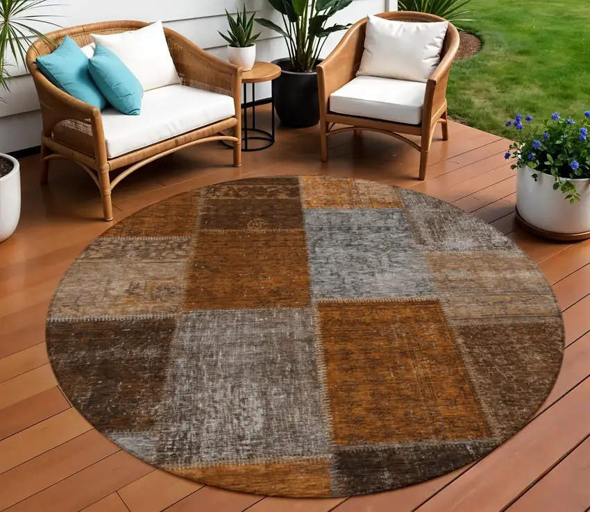 8' Orange And Taupe Round Patchwork Washable Indoor Outdoor Area Rug Photo 1