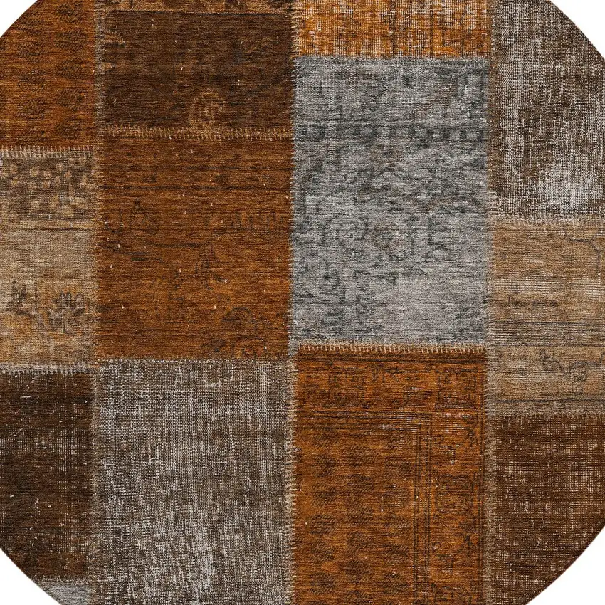 8' Orange And Taupe Round Patchwork Washable Indoor Outdoor Area Rug Photo 5