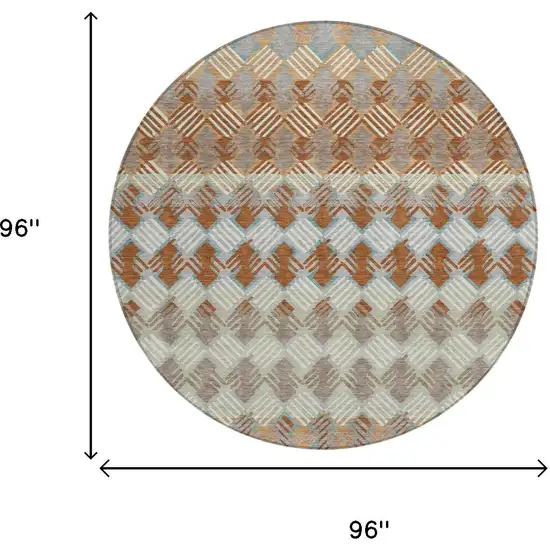 8' Orange And Taupe Round Striped Washable Indoor Outdoor Area Rug Photo 5