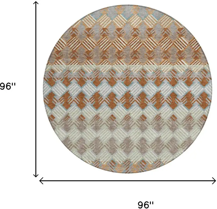 8' Orange And Taupe Round Striped Washable Indoor Outdoor Area Rug Photo 5