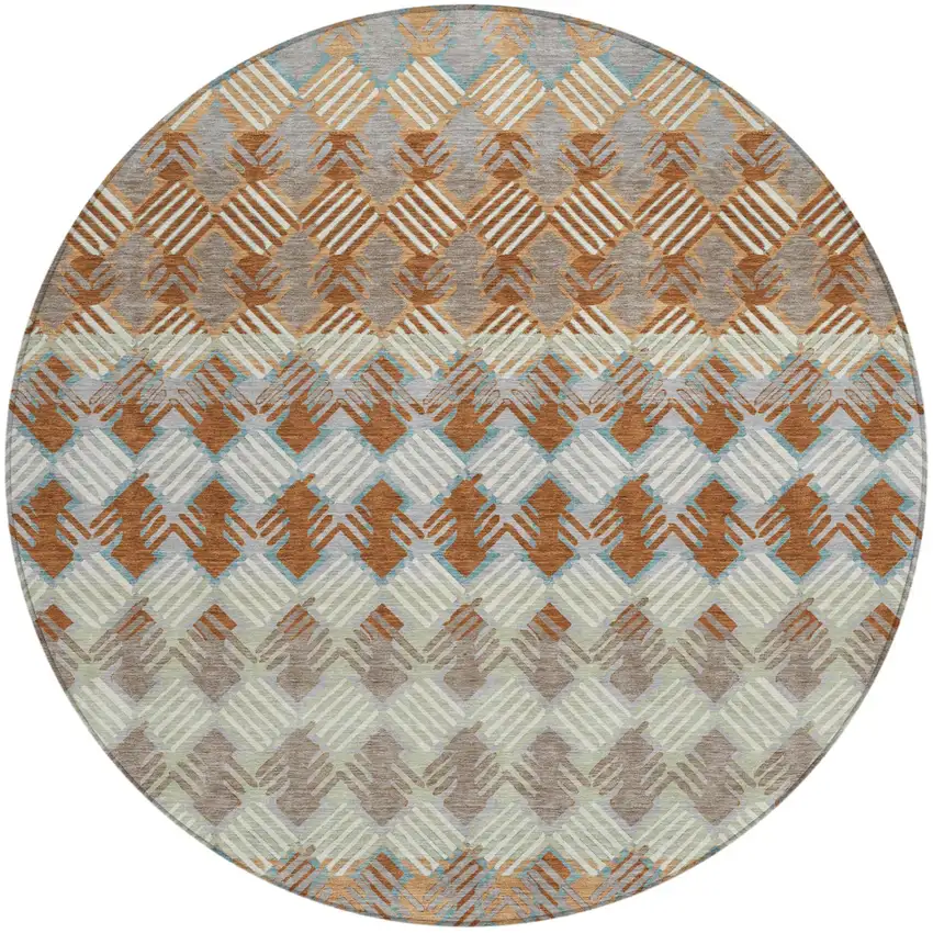 8' Orange And Taupe Round Striped Washable Indoor Outdoor Area Rug Photo 2