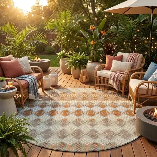 8' Orange And Taupe Round Striped Washable Indoor Outdoor Area Rug Photo 1