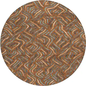 Photo of 8' Orange And Teal Blue Round Abstract Washable Indoor Outdoor Area Rug