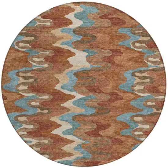 8' Orange And Teal Blue Round Abstract Washable Indoor Outdoor Area Rug Photo 2