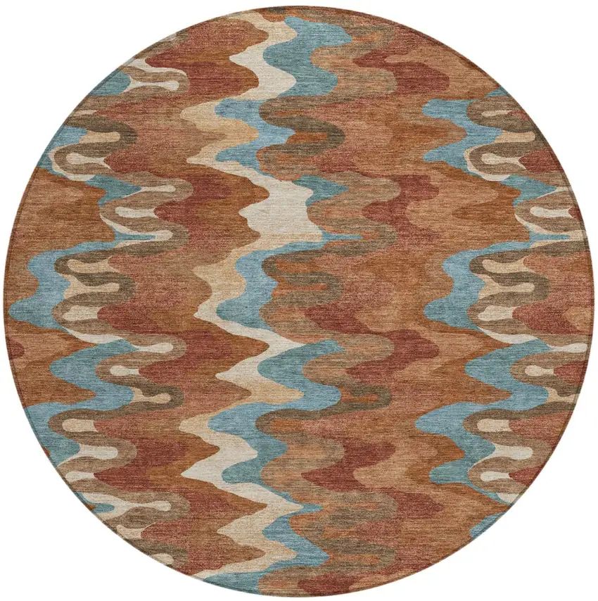 8' Orange And Teal Blue Round Abstract Washable Indoor Outdoor Area Rug Photo 2