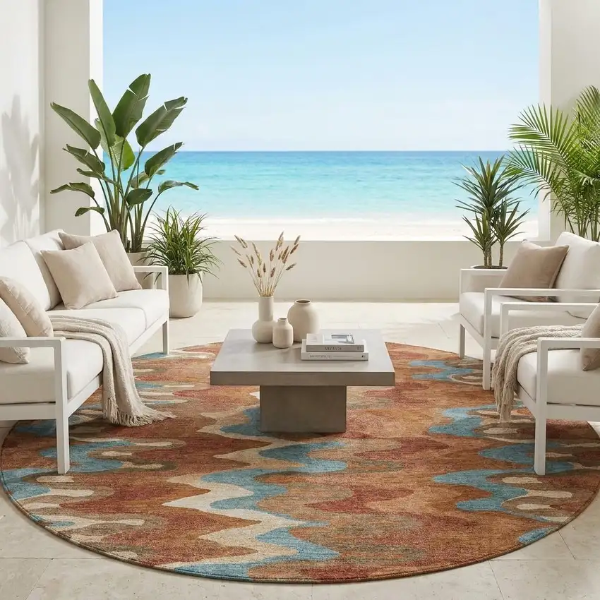 8' Orange And Teal Blue Round Abstract Washable Indoor Outdoor Area Rug Photo 1