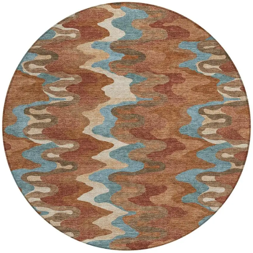 8' Orange And Teal Blue Round Abstract Washable Indoor Outdoor Area Rug Photo 4