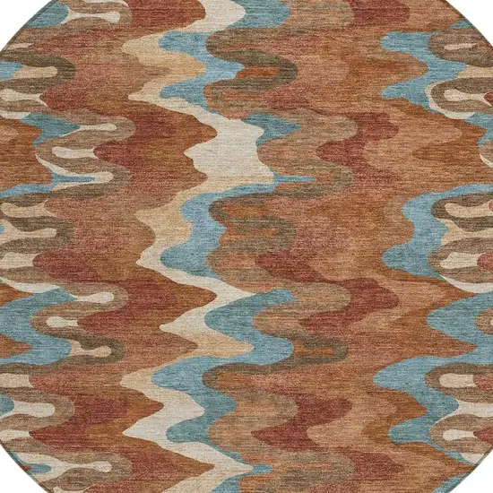 8' Orange And Teal Blue Round Abstract Washable Indoor Outdoor Area Rug Photo 3