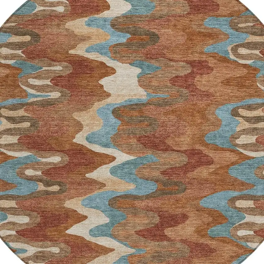 8' Orange And Teal Blue Round Abstract Washable Indoor Outdoor Area Rug Photo 3