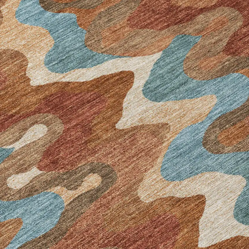 8' Orange And Teal Blue Round Abstract Washable Indoor Outdoor Area Rug Photo 6