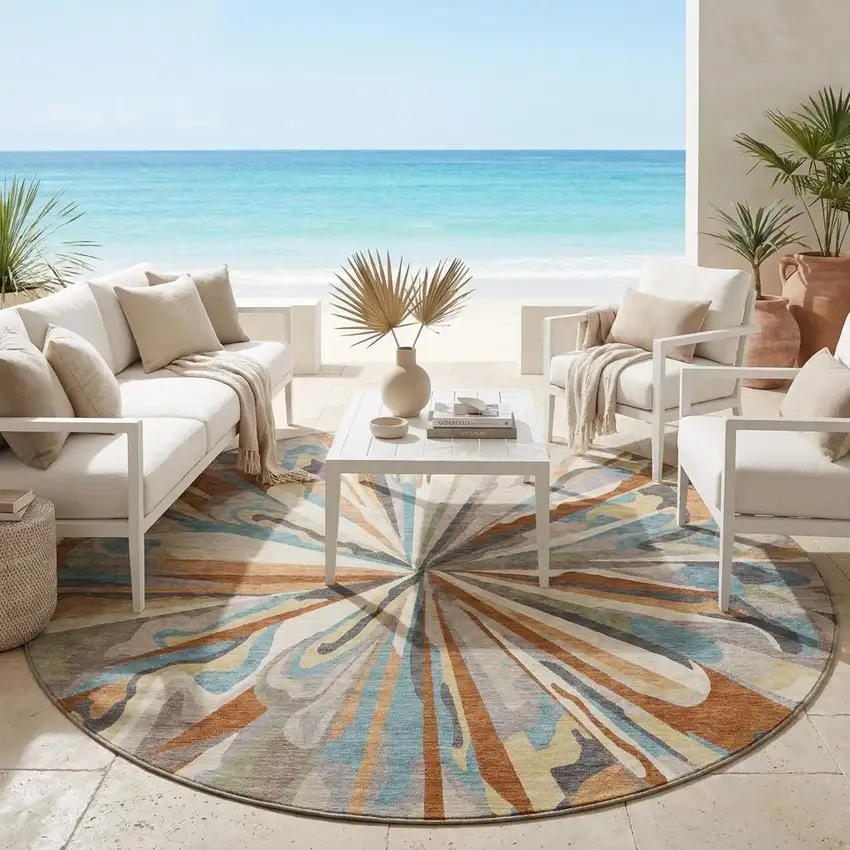 8' Orange And Teal Blue Round Abstract Washable Indoor Outdoor Area Rug Photo 1