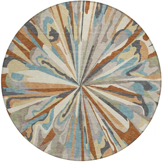 8' Orange And Teal Blue Round Abstract Washable Indoor Outdoor Area Rug Photo 2