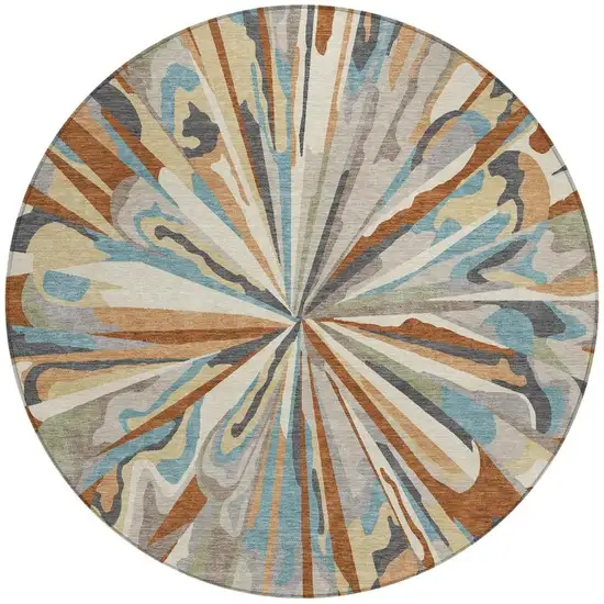 8' Orange And Teal Blue Round Abstract Washable Indoor Outdoor Area Rug Photo 3