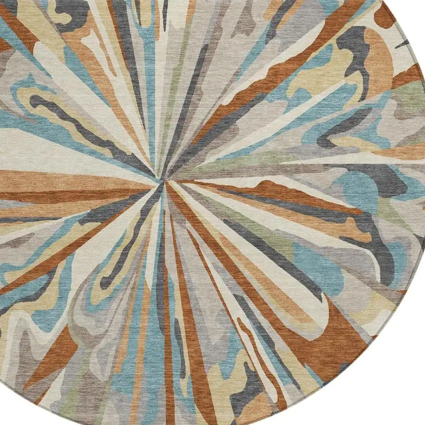 8' Orange And Teal Blue Round Abstract Washable Indoor Outdoor Area Rug Photo 5