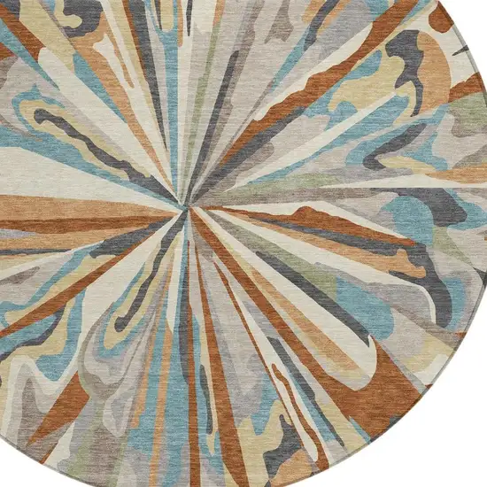 8' Orange And Teal Blue Round Abstract Washable Indoor Outdoor Area Rug Photo 5