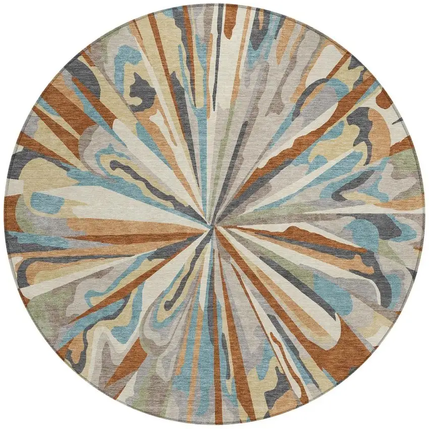 8' Orange And Teal Blue Round Abstract Washable Indoor Outdoor Area Rug Photo 4