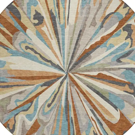 8' Orange And Teal Blue Round Abstract Washable Indoor Outdoor Area Rug Photo 7