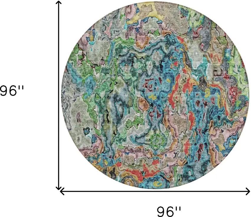 8' Orange And Teal Blue Round Abstract Washable Indoor Outdoor Area Rug Photo 3