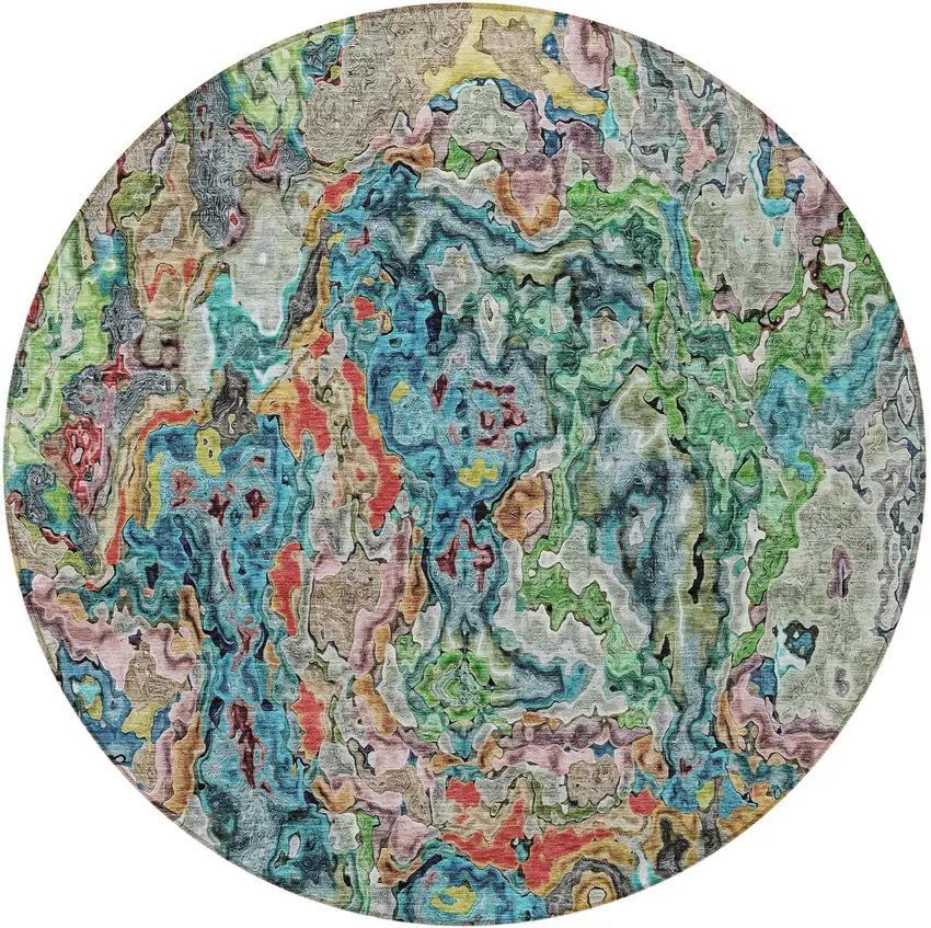8' Orange And Teal Blue Round Abstract Washable Indoor Outdoor Area Rug Photo 6