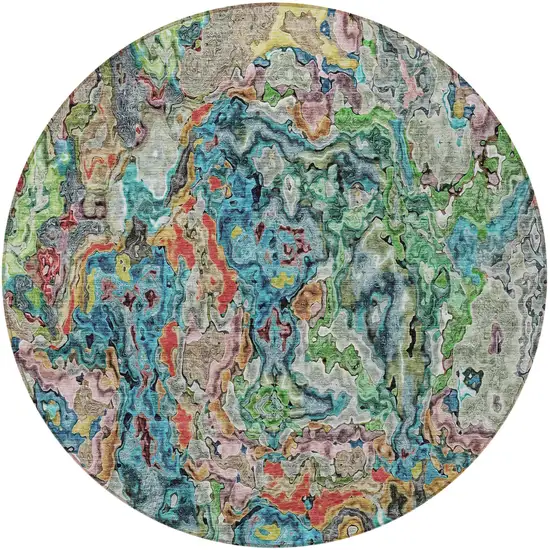 8' Orange And Teal Blue Round Abstract Washable Indoor Outdoor Area Rug Photo 6