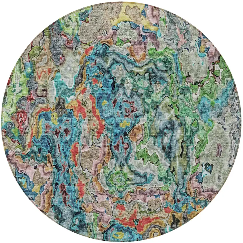 8' Orange And Teal Blue Round Abstract Washable Indoor Outdoor Area Rug Photo 6