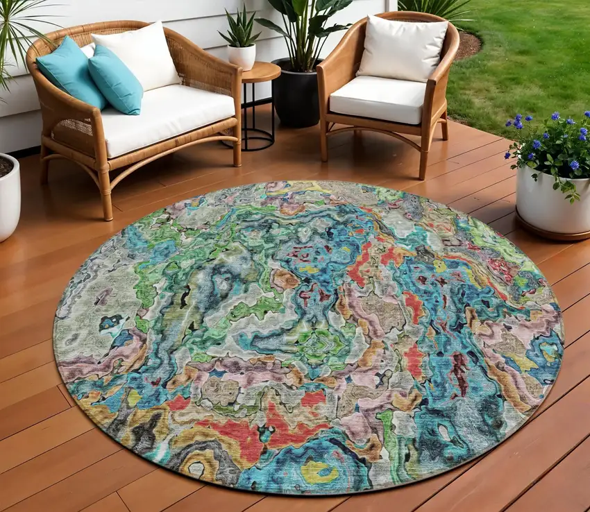 8' Orange And Teal Blue Round Abstract Washable Indoor Outdoor Area Rug Photo 1