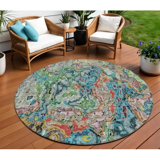 8' Orange And Teal Blue Round Abstract Washable Indoor Outdoor Area Rug Photo 1
