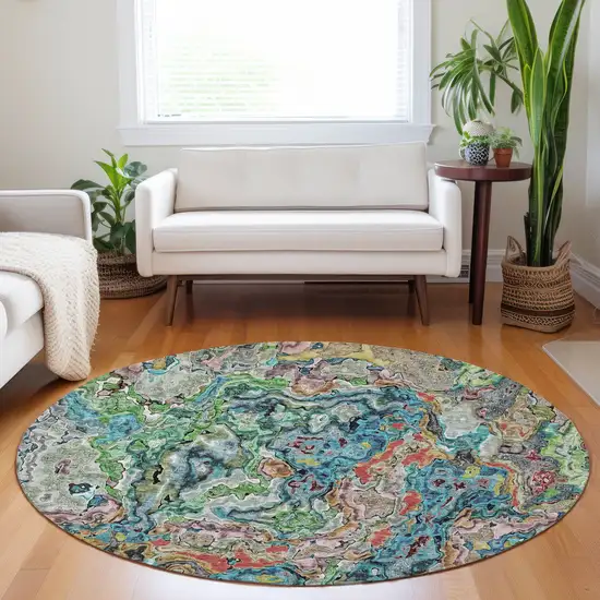 8' Orange And Teal Blue Round Abstract Washable Indoor Outdoor Area Rug Photo 8
