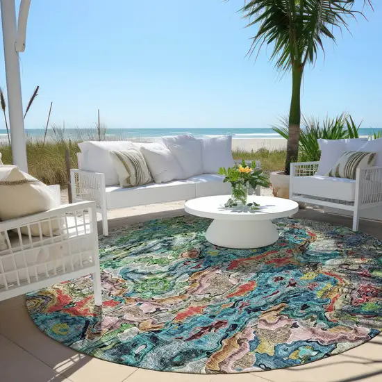 8' Orange And Teal Blue Round Abstract Washable Indoor Outdoor Area Rug Photo 7