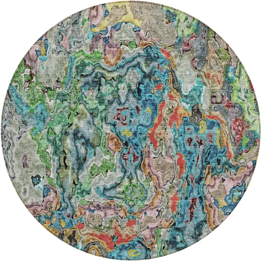 8' Orange And Teal Blue Round Abstract Washable Indoor Outdoor Area Rug Photo 2